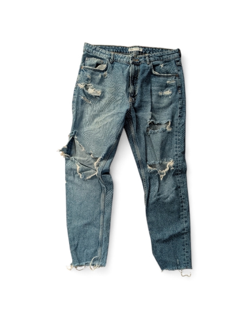Zara Women’s Distressed Light And Dark Blue Slim-Straight Jeans